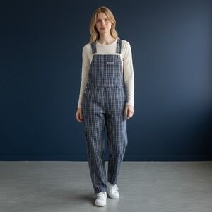 Vintage 90s SQZ Squeeze Jeans Tartan Plaid Bib Carpenter Overall Sz L Blue Y2K